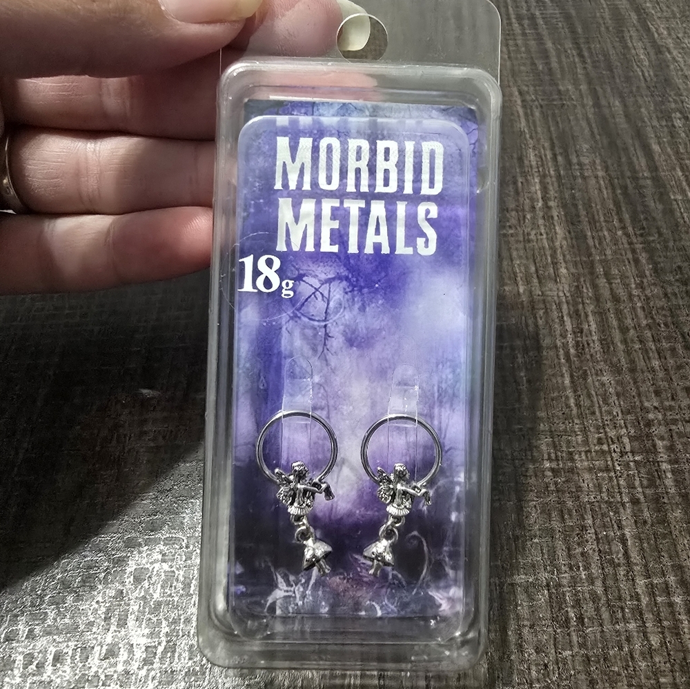 New Morbid Metals Silver Tone Hoop Fairy Mushroons 18G